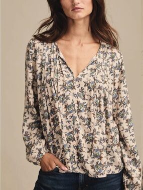 Lucky Brand Floral V-Neck Long-Sleeve Top in Cream and Blue